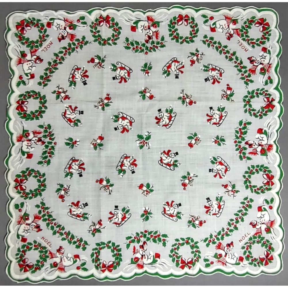 Vintage 13.25 x 13.5 Christmas Handkerchief Noel Snowmen Wreath Sled Hankie - Picture 2 of 4